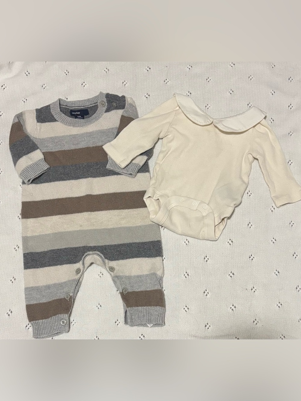 Baby Gap- Striped Knit One-Piece & Baby Gap Cream Collar Bodysuit Set - Neutral
